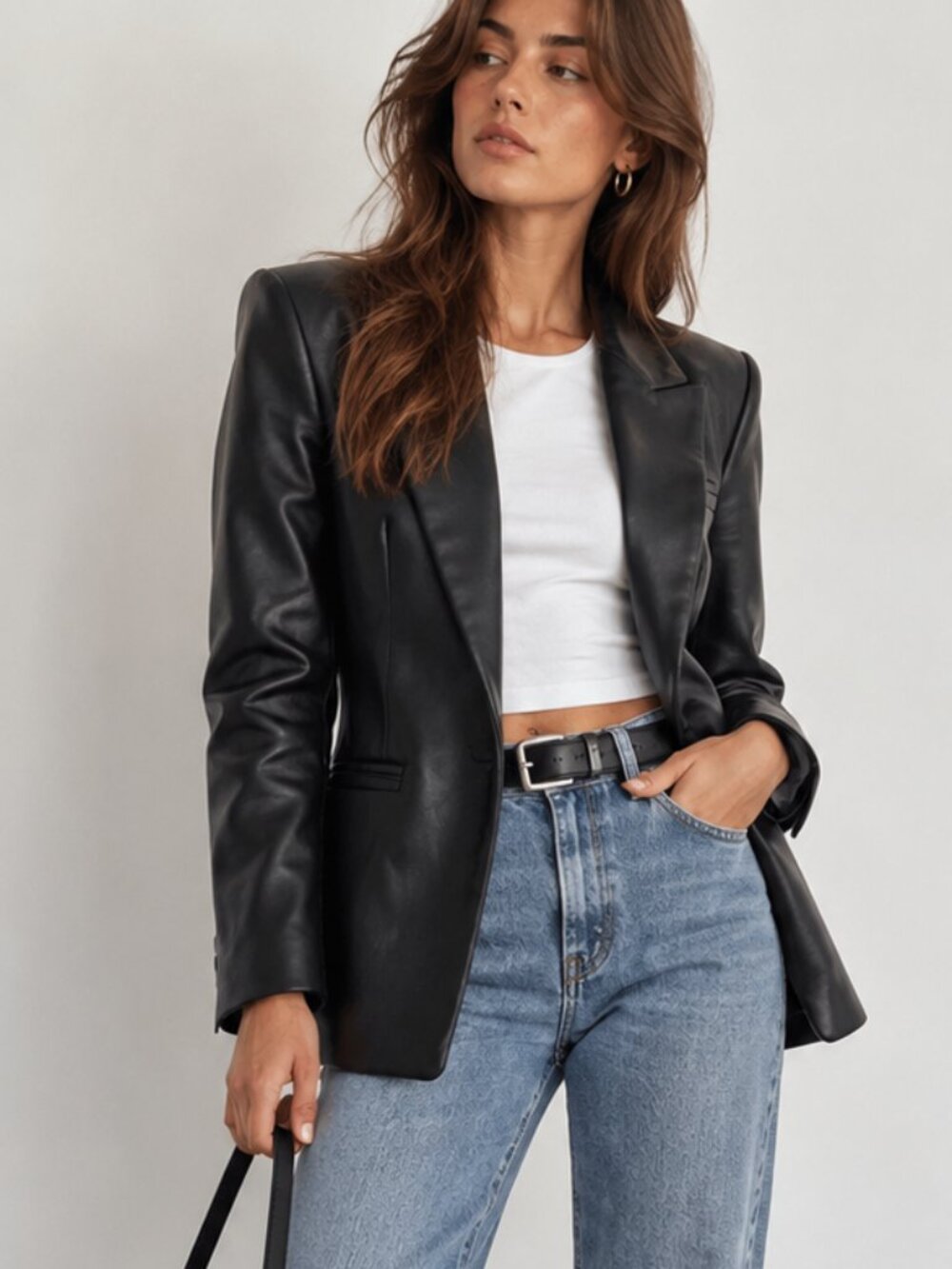 SUZY Womens Black Faux Leather Blazer Jacket Tailored Longline Open Front